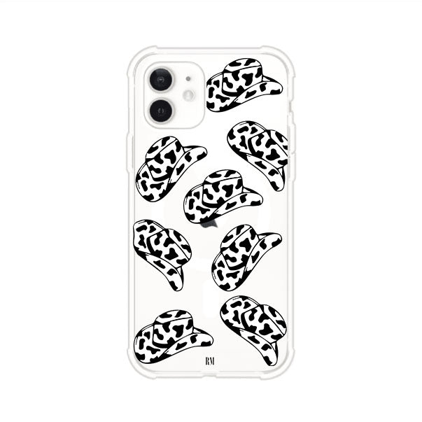 Funda para iPhone con diseño de múltiples sombreros vaqueros en estampado blanco y negro tipo vaca. Estilo western minimalista con vibe country. Producto de Remark Mx.