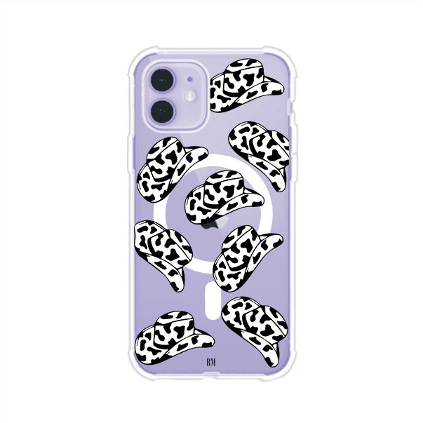 Funda para iPhone con diseño de múltiples sombreros vaqueros en estampado blanco y negro tipo vaca. Estilo western minimalista con vibe country. Producto de Remark Mx.