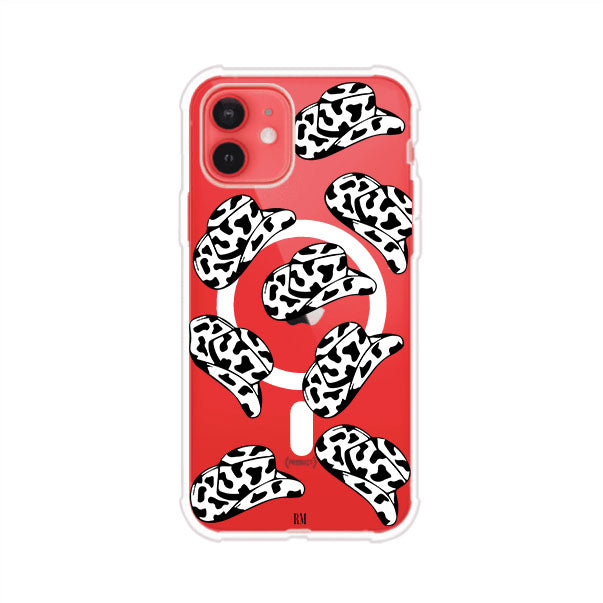 Funda para iPhone con diseño de múltiples sombreros vaqueros en estampado blanco y negro tipo vaca. Estilo western minimalista con vibe country. Producto de Remark Mx.