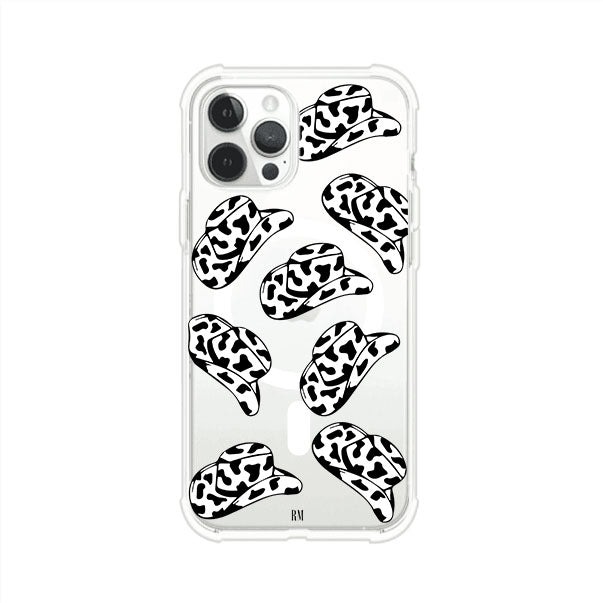 Funda para iPhone con diseño de múltiples sombreros vaqueros en estampado blanco y negro tipo vaca. Estilo western minimalista con vibe country. Producto de Remark Mx.