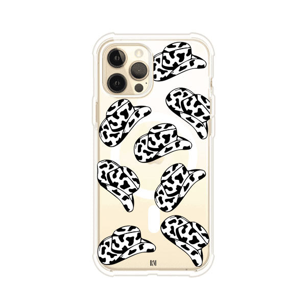 Funda para iPhone con diseño de múltiples sombreros vaqueros en estampado blanco y negro tipo vaca. Estilo western minimalista con vibe country. Producto de Remark Mx.