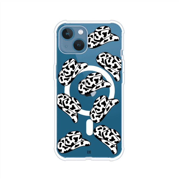 Funda para iPhone con diseño de múltiples sombreros vaqueros en estampado blanco y negro tipo vaca. Estilo western minimalista con vibe country. Producto de Remark Mx.