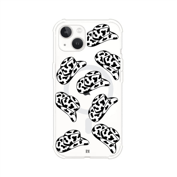 Funda para iPhone con diseño de múltiples sombreros vaqueros en estampado blanco y negro tipo vaca. Estilo western minimalista con vibe country. Producto de Remark Mx.