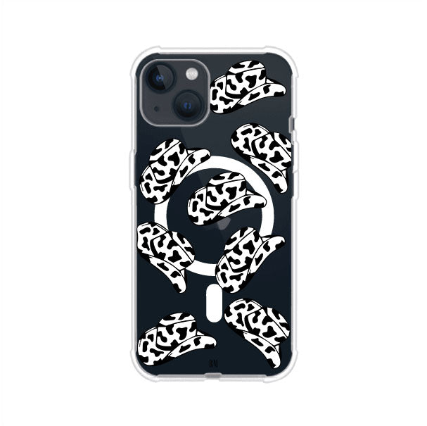 Funda para iPhone con diseño de múltiples sombreros vaqueros en estampado blanco y negro tipo vaca. Estilo western minimalista con vibe country. Producto de Remark Mx.