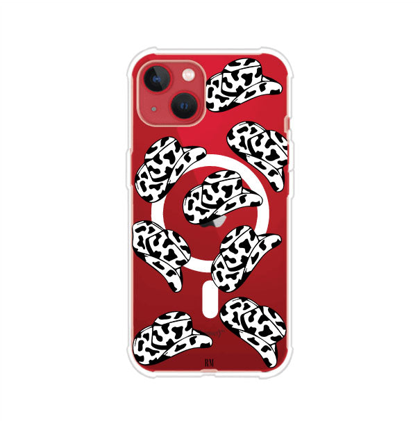Funda para iPhone con diseño de múltiples sombreros vaqueros en estampado blanco y negro tipo vaca. Estilo western minimalista con vibe country. Producto de Remark Mx.