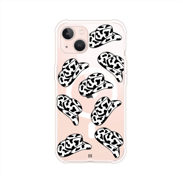 Funda para iPhone con diseño de múltiples sombreros vaqueros en estampado blanco y negro tipo vaca. Estilo western minimalista con vibe country. Producto de Remark Mx.