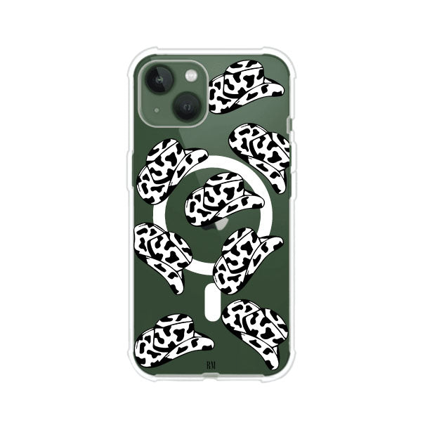 Funda para iPhone con diseño de múltiples sombreros vaqueros en estampado blanco y negro tipo vaca. Estilo western minimalista con vibe country. Producto de Remark Mx.