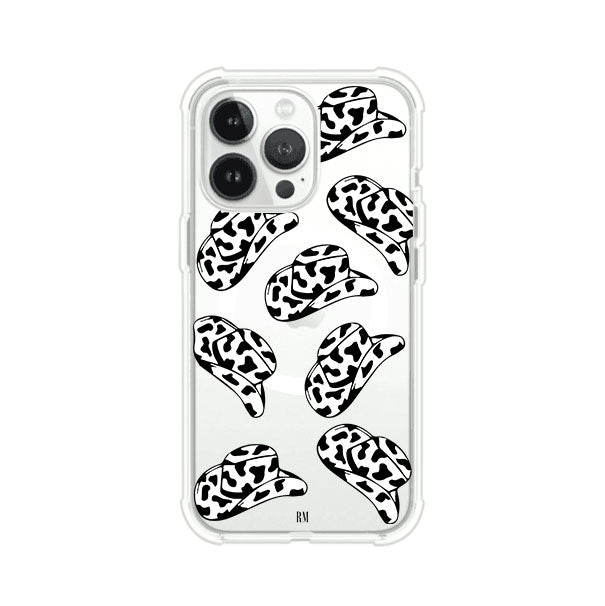 Funda para iPhone con diseño de múltiples sombreros vaqueros en estampado blanco y negro tipo vaca. Estilo western minimalista con vibe country. Producto de Remark Mx.