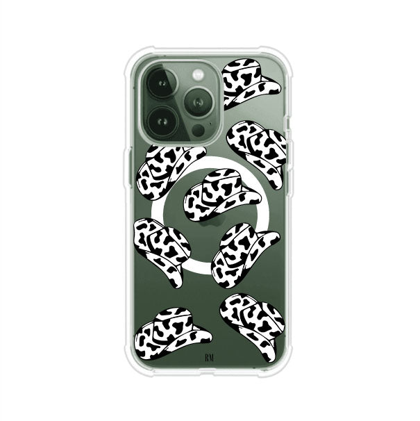 Funda para iPhone con diseño de múltiples sombreros vaqueros en estampado blanco y negro tipo vaca. Estilo western minimalista con vibe country. Producto de Remark Mx.