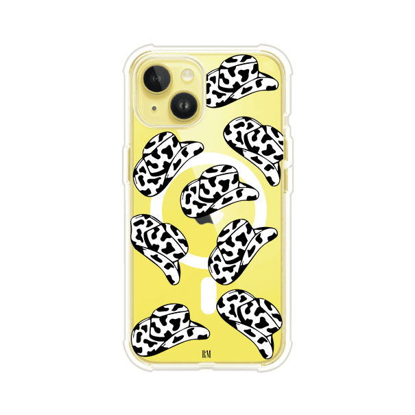 Funda para iPhone con diseño de múltiples sombreros vaqueros en estampado blanco y negro tipo vaca. Estilo western minimalista con vibe country. Producto de Remark Mx.