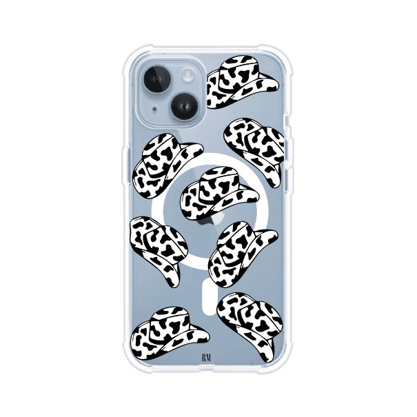 Funda para iPhone con diseño de múltiples sombreros vaqueros en estampado blanco y negro tipo vaca. Estilo western minimalista con vibe country. Producto de Remark Mx.