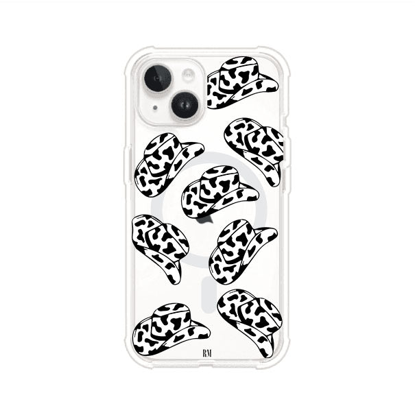 Funda para iPhone con diseño de múltiples sombreros vaqueros en estampado blanco y negro tipo vaca. Estilo western minimalista con vibe country. Producto de Remark Mx.