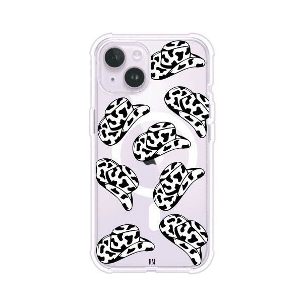 Funda para iPhone con diseño de múltiples sombreros vaqueros en estampado blanco y negro tipo vaca. Estilo western minimalista con vibe country. Producto de Remark Mx.
