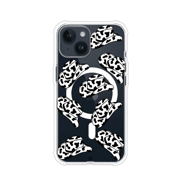Funda para iPhone con diseño de múltiples sombreros vaqueros en estampado blanco y negro tipo vaca. Estilo western minimalista con vibe country. Producto de Remark Mx.