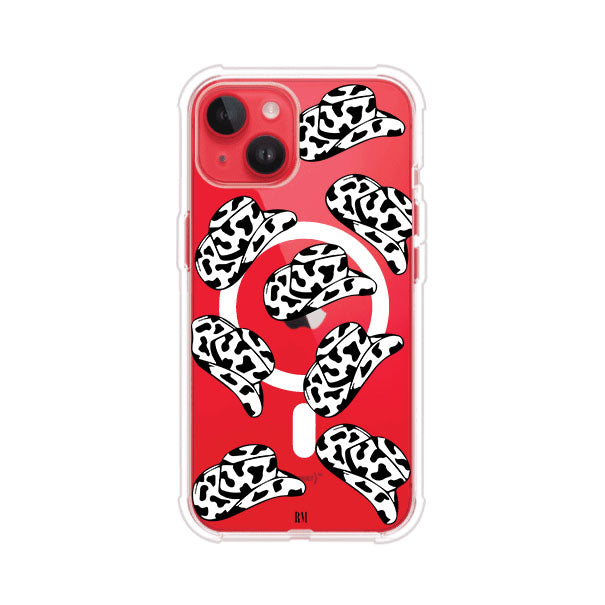 Funda para iPhone con diseño de múltiples sombreros vaqueros en estampado blanco y negro tipo vaca. Estilo western minimalista con vibe country. Producto de Remark Mx.