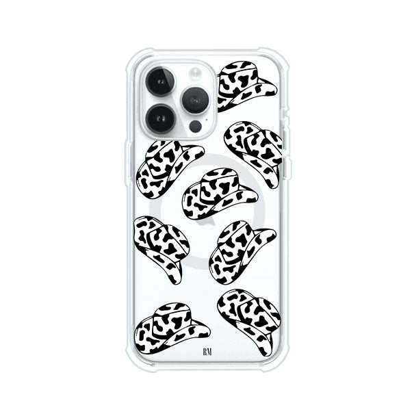 Funda para iPhone con diseño de múltiples sombreros vaqueros en estampado blanco y negro tipo vaca. Estilo western minimalista con vibe country. Producto de Remark Mx.