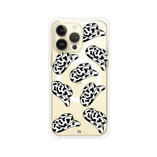 Funda para iPhone con diseño de múltiples sombreros vaqueros en estampado blanco y negro tipo vaca. Estilo western minimalista con vibe country. Producto de Remark Mx.