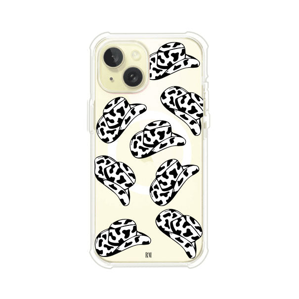 Funda para iPhone con diseño de múltiples sombreros vaqueros en estampado blanco y negro tipo vaca. Estilo western minimalista con vibe country. Producto de Remark Mx.