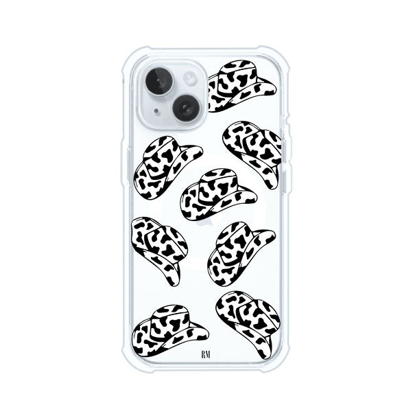 Funda para iPhone con diseño de múltiples sombreros vaqueros en estampado blanco y negro tipo vaca. Estilo western minimalista con vibe country. Producto de Remark Mx.