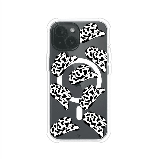 Funda para iPhone con diseño de múltiples sombreros vaqueros en estampado blanco y negro tipo vaca. Estilo western minimalista con vibe country. Producto de Remark Mx.