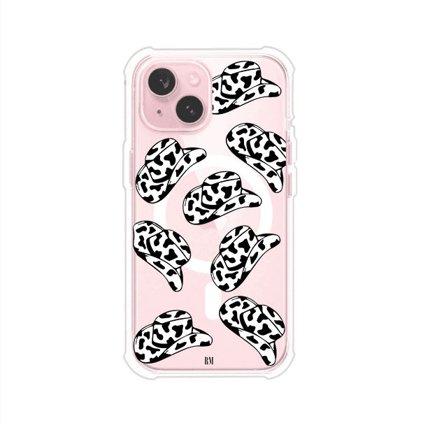 Funda para iPhone con diseño de múltiples sombreros vaqueros en estampado blanco y negro tipo vaca. Estilo western minimalista con vibe country. Producto de Remark Mx.