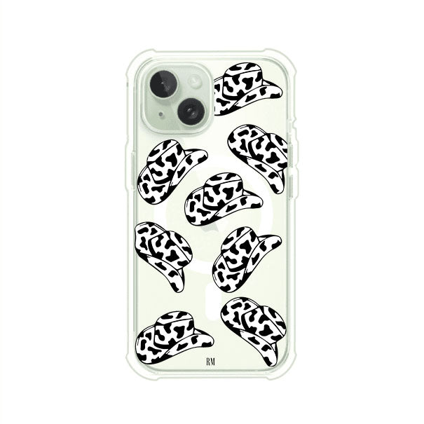 Funda para iPhone con diseño de múltiples sombreros vaqueros en estampado blanco y negro tipo vaca. Estilo western minimalista con vibe country. Producto de Remark Mx.