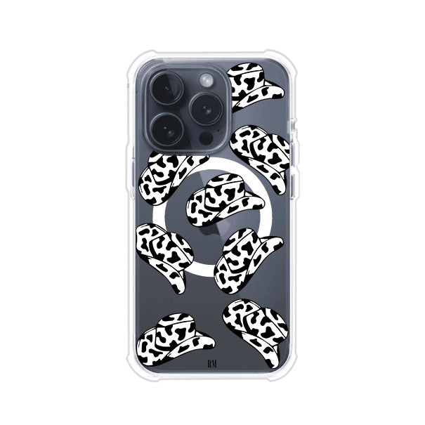 Funda para iPhone con diseño de múltiples sombreros vaqueros en estampado blanco y negro tipo vaca. Estilo western minimalista con vibe country. Producto de Remark Mx.