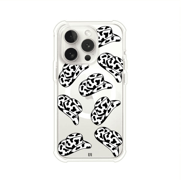 Funda para iPhone con diseño de múltiples sombreros vaqueros en estampado blanco y negro tipo vaca. Estilo western minimalista con vibe country. Producto de Remark Mx.