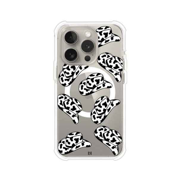 Funda para iPhone con diseño de múltiples sombreros vaqueros en estampado blanco y negro tipo vaca. Estilo western minimalista con vibe country. Producto de Remark Mx.