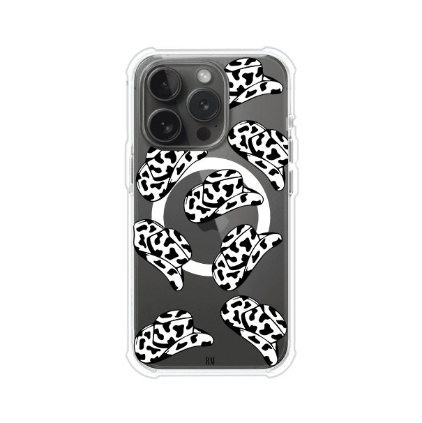 Funda para iPhone con diseño de múltiples sombreros vaqueros en estampado blanco y negro tipo vaca. Estilo western minimalista con vibe country. Producto de Remark Mx.