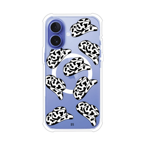 Funda para iPhone con diseño de múltiples sombreros vaqueros en estampado blanco y negro tipo vaca. Estilo western minimalista con vibe country. Producto de Remark Mx.