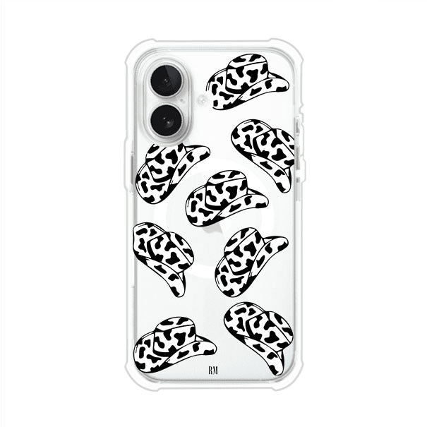 Funda para iPhone con diseño de múltiples sombreros vaqueros en estampado blanco y negro tipo vaca. Estilo western minimalista con vibe country. Producto de Remark Mx.