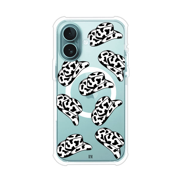 Funda para iPhone con diseño de múltiples sombreros vaqueros en estampado blanco y negro tipo vaca. Estilo western minimalista con vibe country. Producto de Remark Mx.