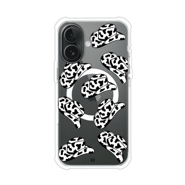 Funda para iPhone con diseño de múltiples sombreros vaqueros en estampado blanco y negro tipo vaca. Estilo western minimalista con vibe country. Producto de Remark Mx.