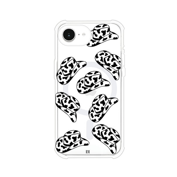 Funda para iPhone con diseño de múltiples sombreros vaqueros en estampado blanco y negro tipo vaca. Estilo western minimalista con vibe country. Producto de Remark Mx.