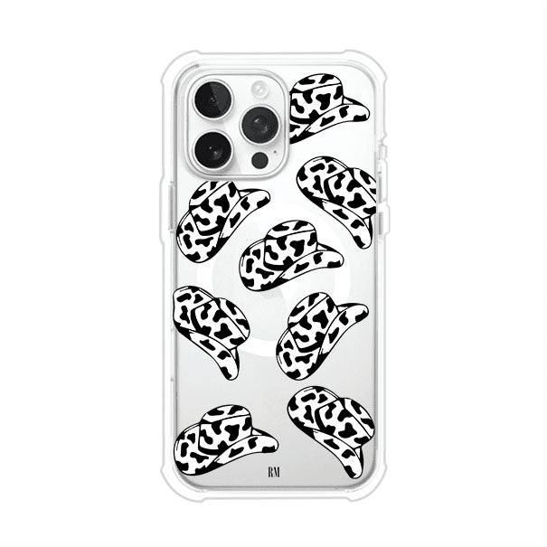 Funda para iPhone con diseño de múltiples sombreros vaqueros en estampado blanco y negro tipo vaca. Estilo western minimalista con vibe country. Producto de Remark Mx.