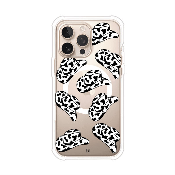 Funda para iPhone con diseño de múltiples sombreros vaqueros en estampado blanco y negro tipo vaca. Estilo western minimalista con vibe country. Producto de Remark Mx.