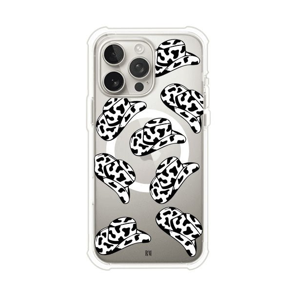 Funda para iPhone con diseño de múltiples sombreros vaqueros en estampado blanco y negro tipo vaca. Estilo western minimalista con vibe country. Producto de Remark Mx.