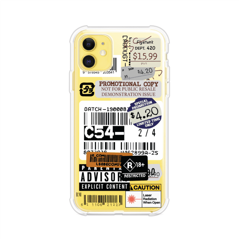 Funda para iPhone con diseño urbano tipo collage de tickets, códigos de barras y etiquetas de advertencia. Ideal para quienes buscan un estilo alternativo y original. Diseño exclusivo de Remark MX