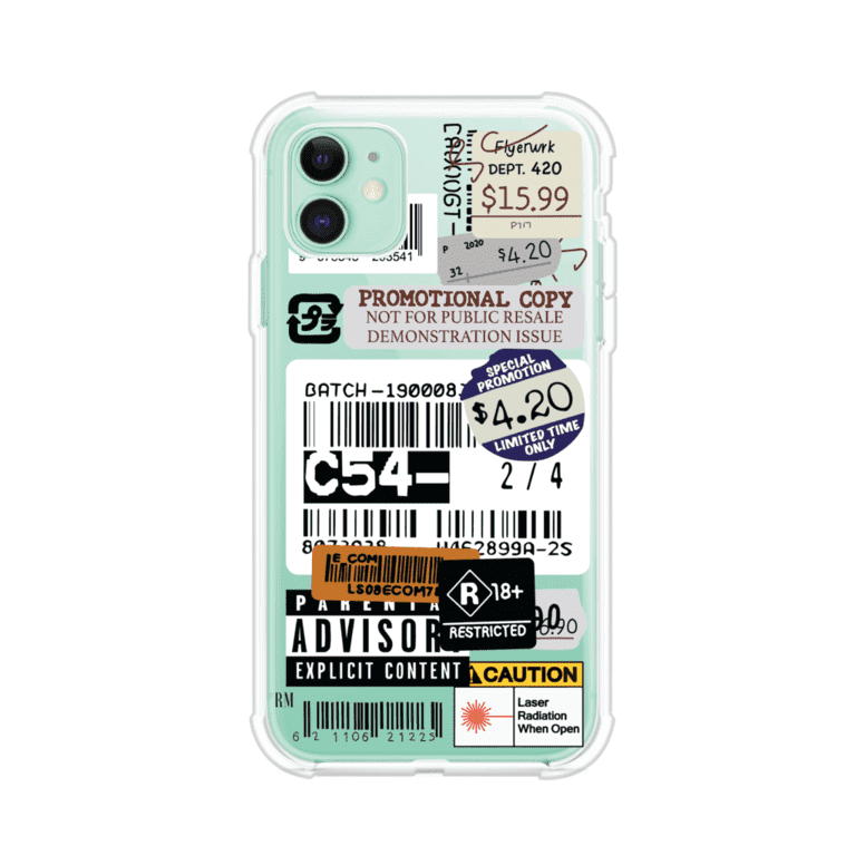 Funda para iPhone con diseño urbano tipo collage de tickets, códigos de barras y etiquetas de advertencia. Ideal para quienes buscan un estilo alternativo y original. Diseño exclusivo de Remark MX