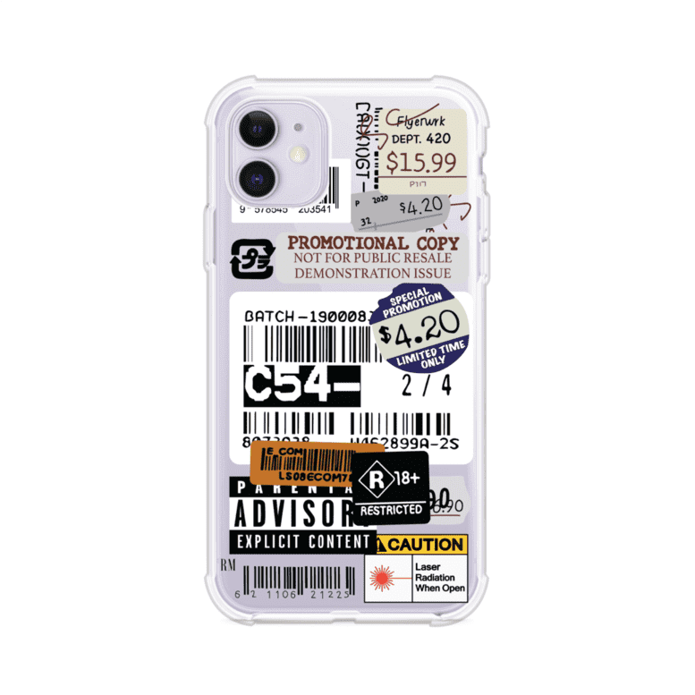 Funda para iPhone con diseño urbano tipo collage de tickets, códigos de barras y etiquetas de advertencia. Ideal para quienes buscan un estilo alternativo y original. Diseño exclusivo de Remark MX