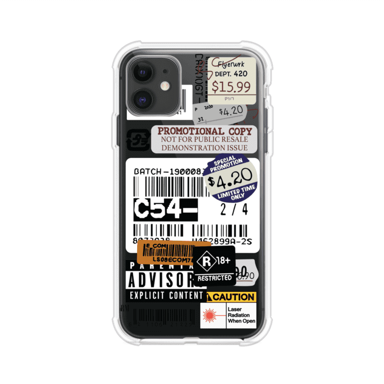 Funda para iPhone con diseño urbano tipo collage de tickets, códigos de barras y etiquetas de advertencia. Ideal para quienes buscan un estilo alternativo y original. Diseño exclusivo de Remark MX