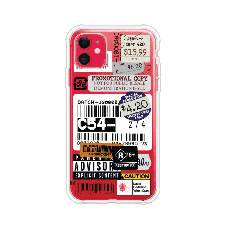 Funda para iPhone con diseño urbano tipo collage de tickets, códigos de barras y etiquetas de advertencia. Ideal para quienes buscan un estilo alternativo y original. Diseño exclusivo de Remark MX