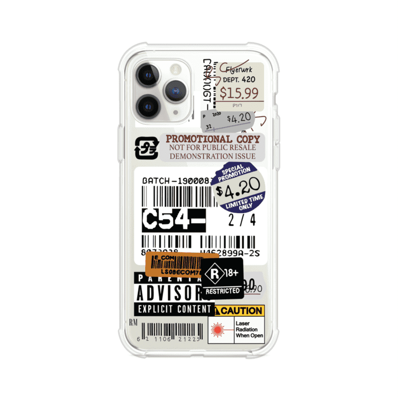 Funda para iPhone con diseño urbano tipo collage de tickets, códigos de barras y etiquetas de advertencia. Ideal para quienes buscan un estilo alternativo y original. Diseño exclusivo de Remark MX