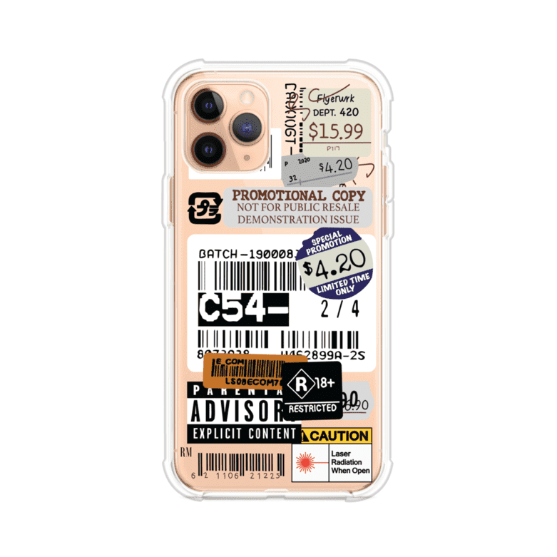 Funda para iPhone con diseño urbano tipo collage de tickets, códigos de barras y etiquetas de advertencia. Ideal para quienes buscan un estilo alternativo y original. Diseño exclusivo de Remark MX