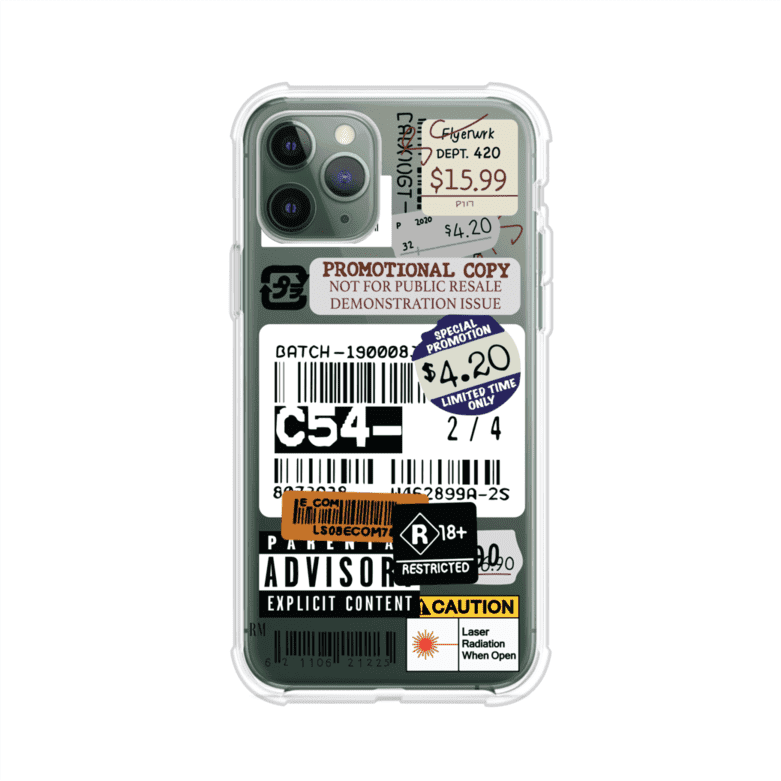 Funda para iPhone con diseño urbano tipo collage de tickets, códigos de barras y etiquetas de advertencia. Ideal para quienes buscan un estilo alternativo y original. Diseño exclusivo de Remark MX