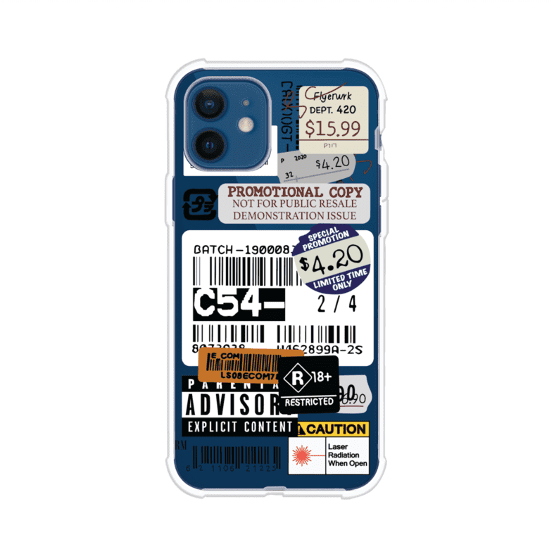 Funda para iPhone con diseño urbano tipo collage de tickets, códigos de barras y etiquetas de advertencia. Ideal para quienes buscan un estilo alternativo y original. Diseño exclusivo de Remark MX