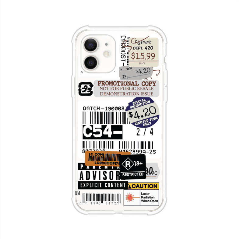 Funda para iPhone con diseño urbano tipo collage de tickets, códigos de barras y etiquetas de advertencia. Ideal para quienes buscan un estilo alternativo y original. Diseño exclusivo de Remark MX