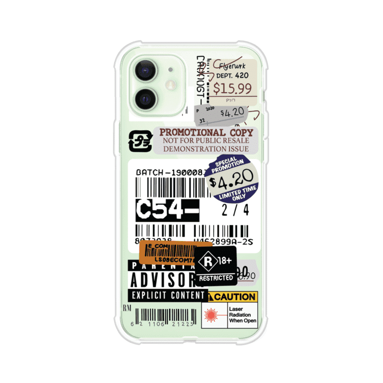 Funda para iPhone con diseño urbano tipo collage de tickets, códigos de barras y etiquetas de advertencia. Ideal para quienes buscan un estilo alternativo y original. Diseño exclusivo de Remark MX