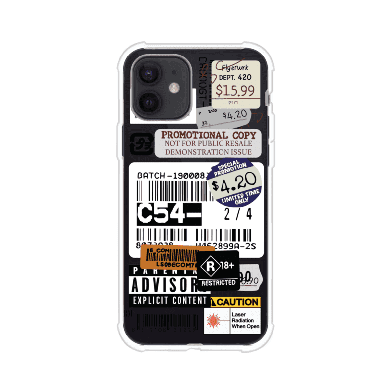 Funda para iPhone con diseño urbano tipo collage de tickets, códigos de barras y etiquetas de advertencia. Ideal para quienes buscan un estilo alternativo y original. Diseño exclusivo de Remark MX